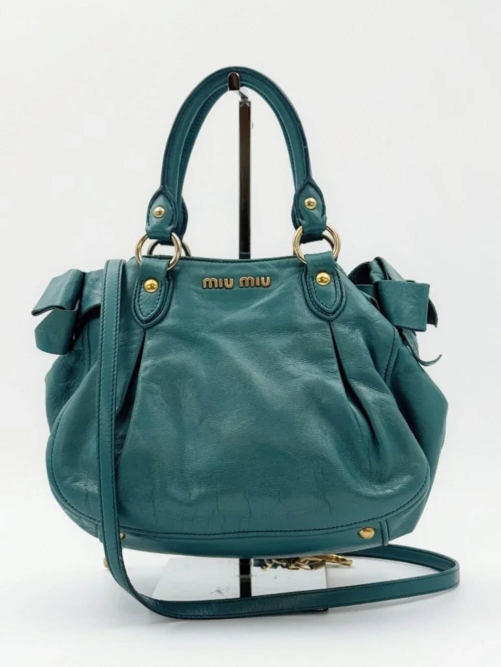 Miu Miu Teal Green Leather Bow Satchel Shoulder Bag Crossbody Gold Hardware